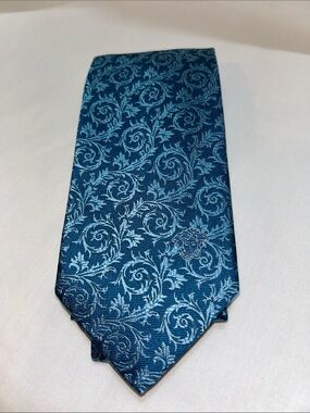 Versace Luxury Silk Tie Leaf & Floral w/Medusa Head Emblem Dark Teal NWOT